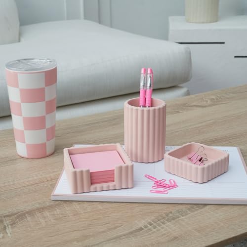 Modern Aesthetic Desk Accessories Set of 3 - Pink Concrete Organizers - color: Pink