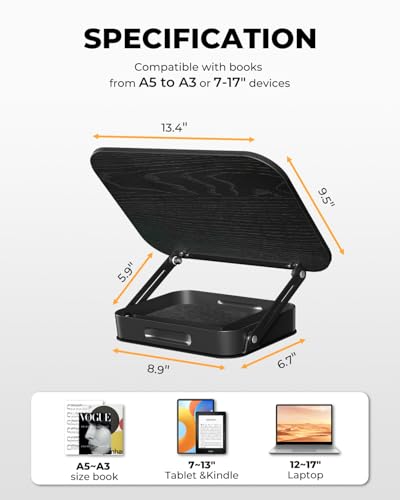 Adjustable Book Stand with Storage Drawer, 360° Rotating Book Holder, Height & Angle Adjustable, Extra-Wide Page Clips for Thick Books, Wood & Aluminum Book Stand for Desk, Study, Kitchen - color: Black