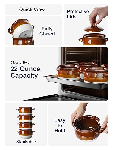 LE TAUCI French Onion Soup Bowls with Lids, Handles, 22 oz, Set of 4 - size: 22 OZ