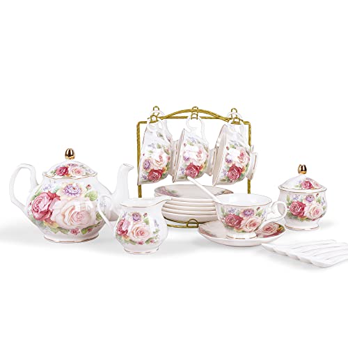 fanquare European Vintage Floral Porcelain Coffee Set, Pink Women Tea Set - color: Pink