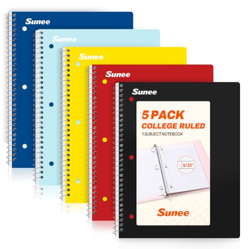 SUNEE Spiral Notebooks, 1-Subject, 5 Pack, College Ruled Paper, 8" x 10-1/2", 70 Sheets per Notebook, 3-Hole Punched Paper, Spiral Lined Notebooks for School, Work, Classic Colors - style: Classic | 5 Pack