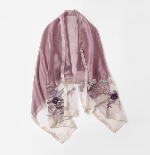 Jeelow Long Silk Blend Embroidered Floral Shawl Scarf Wrap for Women - color: Purple Bloom
