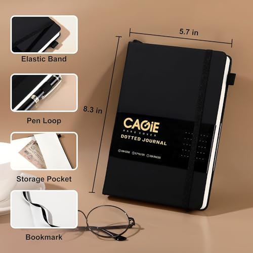 CAGIE Bullet Dotted Journal Notebook 320 Pages 100 GSM Paper Hardcover A5 Dot Grid Notebook Leather Journals for Writing Women Men Work Journaling, Black - color: Black, style: Dotted A5