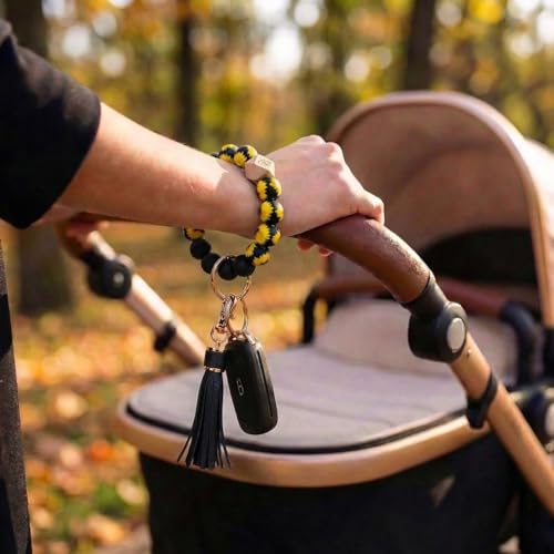 BIHRTC Key Ring Bracelet Car Keychain Holder Wristlet Silicone Women Beaded Bangle Chains - color: Sunflower