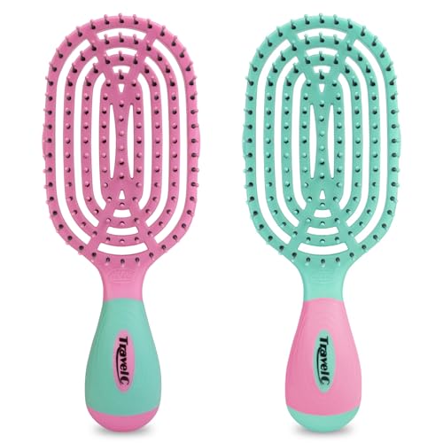 NuWay® TravelC® Scalp Care Hair Brush Combo Set with Patented Travel Cases – 2-Pack Vented Travel Brushes for Scalp Massage, Blow-Dry Styling, Wet & Dry Hair, All Hair Types (Pink & Teal) - color: Pink & Teal