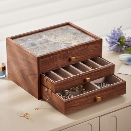 Black Walnut Wooden Women Jewelry Box with Glass Lid, 3 Layer - style: 3 Layer B