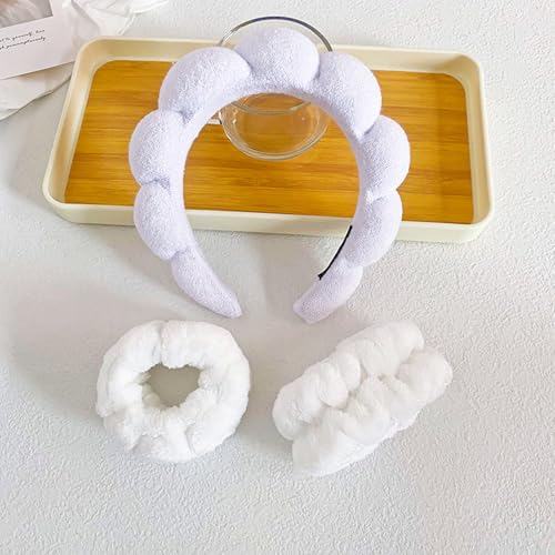 Beleki Spa Headband for Washing Face Wristband Set Sponge Headband Makeup Skincare Face Washing Headband Terry Cloth Bubble Puffy Hairband Non Slip Headwear Hair Accessory for Women - White - color: White