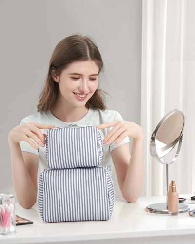 Narwey Small Makeup Bag for Purse, Travel Mini Cosmetic Bag for Women Girls - color: A-Greyish Blue Stripe, style: Small