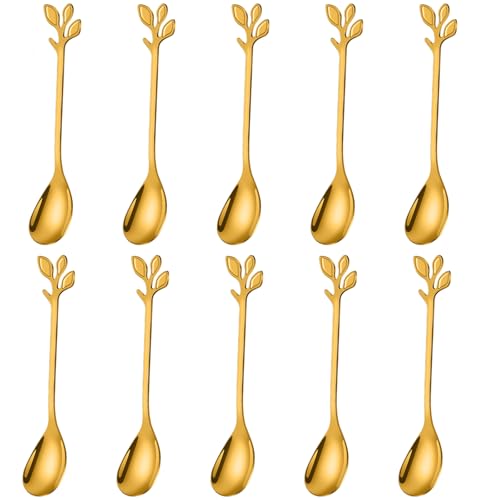 AnSaw Elegant Gold Leaf Handle Coffee Spoons - 10-Piece, 4.7" Mini Spoon - color: Gold