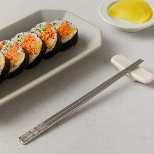 Korean Matte Silver Stainless Steel Chopsticks, 2 Pairs, Dancheong Engraved - color: Silver