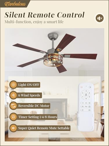 Fanbulous Farmhouse Ceiling Fans with Light, 48" Caged Fan, Quiet DC Motor - color: Brushed Nickel, size: 48 Inch