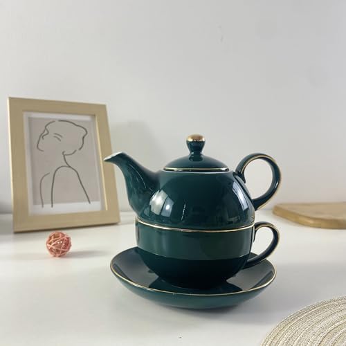 Ceramic Tea for One Set, 12oz Teapot& 8.2oz Cup (Peacock Green) - color: Peacock green