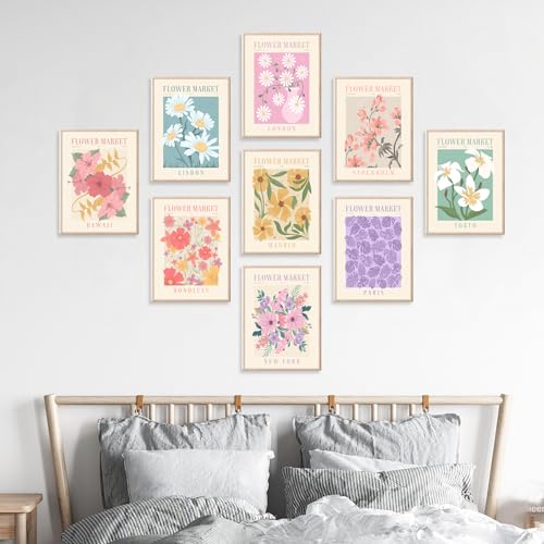Flower Market Posters Set of 9, Minimalist Wall Art Prints, Vintage Flower Pictures, Abstract Canvas Colorful Floral Painting for Living Room, Bedroom, Dorm - color: Flower 04-9PCS