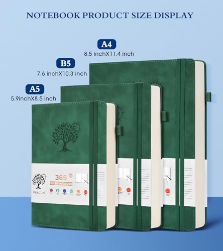 PERCUN A4 Lined Journal Notebook，365 Page Large Leather Journals for Writing Women Men，Hardcover Notebook with 100Gsm Thick Pages for Travel，Work，School，College Ruled, Daily Diary (8.5" x 11.4") - color: Green, size: A4