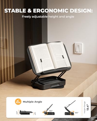 Adjustable Book Stand with Storage Drawer, 360° Rotating Book Holder, Height & Angle Adjustable, Extra-Wide Page Clips for Thick Books, Wood & Aluminum Book Stand for Desk, Study, Kitchen - color: Black