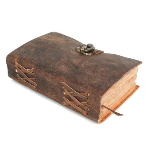 ELIZO Vintage Leather Bound Journal for Men & Women, Book of Shadows Grimoire Journal, Antique Lock Closure-200 Handmade Deckle Edge Pages Genuine Leather Sketchbook Notebook, Teak Brown, 4X6 inches - size: 4x6 (Lock Closure)