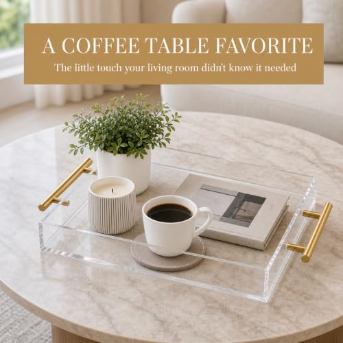 Clear Acrylic Tray 14x11” with Golden Metal Handles - Large Plastic Tray for Serving Guests, Countertop Organization, Ottoman Coffee Table & Vanity – Modern Decorative Tray for Home & Office - color: Golden Handles - Transparent, size: 14" x 11" x 2"