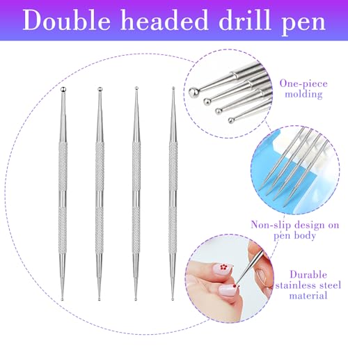 Jeffdad Nail Dotting Tool, 4 Pcs Professional Double-ended Nail Art Tools with Box, Dot Pen Metal Dot pen Nail Polish Paint Pen Dot Diamond Pattern Stainless Steel Dotting Tools Nail art(silver) - color: silver