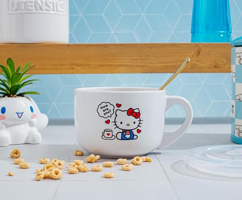 Silver Buffalo Sanrio Hello Kitty How Are You? Ceramic Soup Mug Bowl With Vented Lid and Handle For Ice Cream, Cereal, Beverages | Holds 24 Ounces - color: How Are You