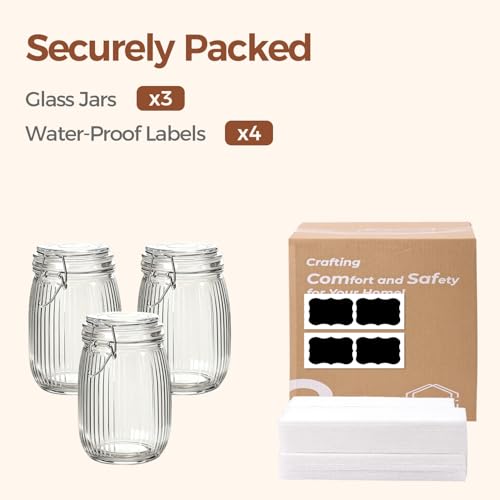 ComSaf Ribbed Glass Pantry Jars with Airtight Lids 34 oz 3 Pack Coffee - size: 34 fl oz x 3 - Ribbed