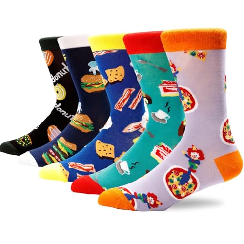 Colorful Funny Novelty Dress Socks for Men Women Teens Fathers Day Casual Fun Crazy Funky Graphic Crew Socks - color: 5 Pairs - Food Style -- Donuts Pizza Burger Bacon Cheese Fast Food Pattern Socks, size: 6-12