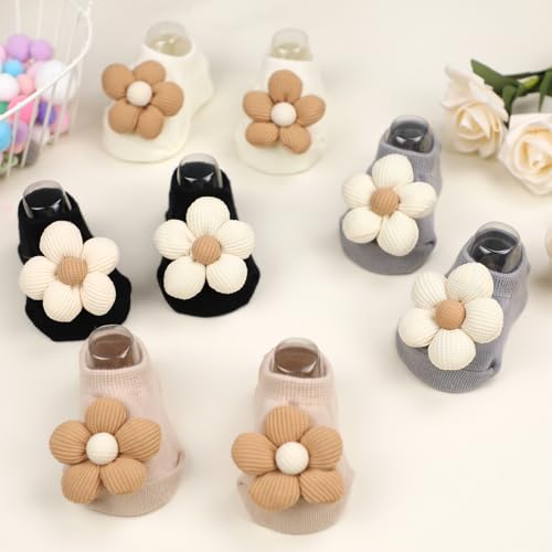 4Packs Baby Girls Socks,Flower Non-Slip Grips for Babies Toddler Princess - color: Black Kablack Kaqi Grey Off Whiteqi Grey Off White