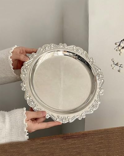 Round Decorative Tray 7.9in Metal Dessert Plates Vintage Coffee Table Tray for Snacks Fruit Silver - color: Silver, size: 7.9"