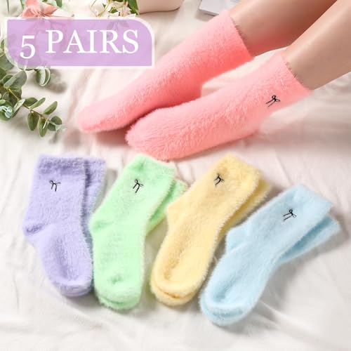 Geyoga 5 Pairs Fuzzy Bow Socks for Women Fluffy Slipper Gift - color: Pastel