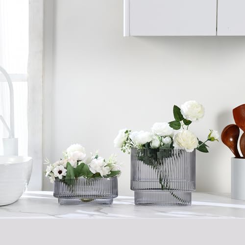 Short Glass Vases, Set of 2 Black Glass Vases for Tulips, Ribbed Vase for Flowers, Modern Small Vase for Living Room, Dining Room, Bathroom, Desk, Shelf, Wedding, Office - color: Gray, size: Oval x2