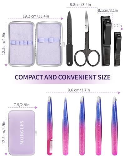 MORGLES Tweezers Set 9 Pcs Nail Clipper Kit with Case for Eyebrows Grooming - color: D-purple