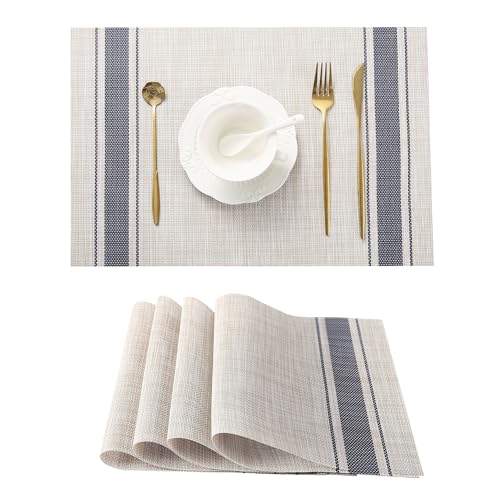 Leetaltree Khaki-Blue Placemats, Heat Resistant Non-Slip Place mats for Dining Table, Washable Durable PVC Vinyl Woven Table Mats (Set of 4) - color: H1- Khaki Blue, size: Set of 4