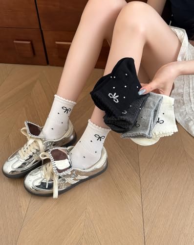 5 Pairs Ruffle Polka Dot Bow Ankle Socks for Women Grils Cute Frilly Lettuce Edge Coquette Cotton Socks Trendy Girly Aesthetic Casual Crew Sock