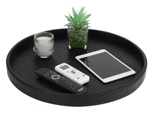 HofferRuffer Round Serving Tray 20'', Elegant Faux Leather Circle Ottoman Table Tray, Serve Tea Coffee Breakfast in Bedroom Living Room Kitchen (Classic Black) - color: Black, size: 20"