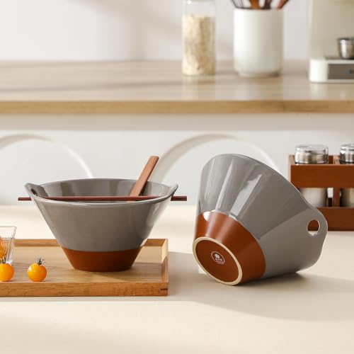 MALACASA 42 oz Ceramic Ramen Bowls with Chopsticks & Spoon, Brown & Khaki - color: Brown and Khaki