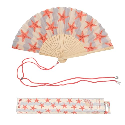 Fisura – Original Folding Fan with Starfish Print. Colorful Wooden Folding Fan in Blue and Pink with Strap Included. Fun Gift idea for Travel Beach Days or Summer Events. 16.7 x 9 in. - color: Starfish, Coral