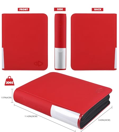 Top Loader Binder, Holds 128 Cards, 4 Pocket Zipper Binder for 3" x 4" Top Loader, Ringless Side-Loading Pages, Collectible Sports & Hard Sleeve Card Album (Red) - color: Red