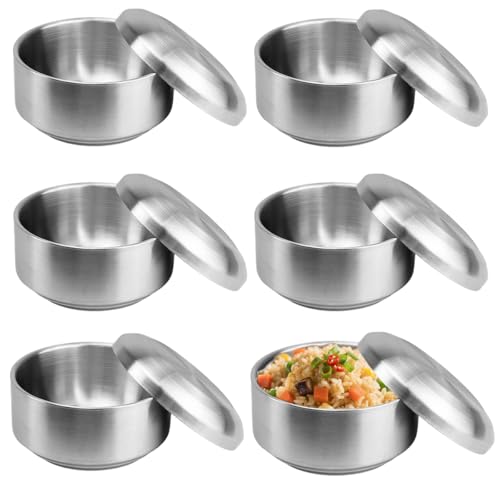 6 Pcs Stainless Steel Rice Bowl with Lid Korean Kitchenware Large Insulated Bowl Multifunctional Soup Bowls Snacks Bowls for Keeping Food Warm Snacks Lunch Box Parties（5.11in Silver