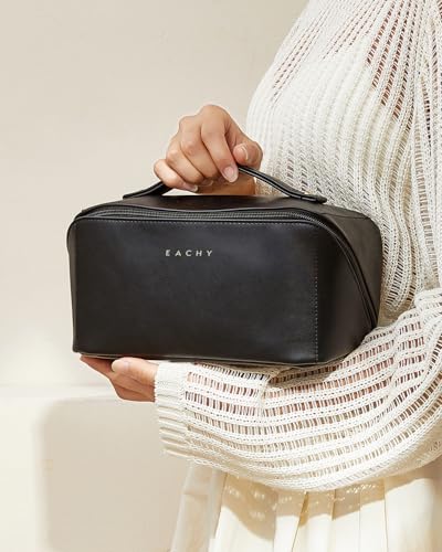 EACHY Travel Makeup Bag for Women, PU Leather Cosmetic Bag, Black, Medium - color: A - Black, size: Medium
