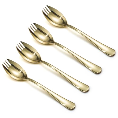 Alata Champagne Gold Mirror Sporks 4-Pack Set Stainless Steel Sporks, 7.4 Inches Long Handle Salad Forks For Dessert, Ice Cream, Salad, Soup, Noodle, Spaghetti, Dishwasher Safe - size: Champagne Gold