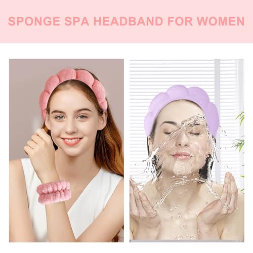 Beleki Spa Headband for Women Face Washing Headband and Wristband Set Sponge Headband Makeup Skincare Wash Face Headband Puffy Headwear Non Slip Hair Accessory for Women & Girls - color: Coral