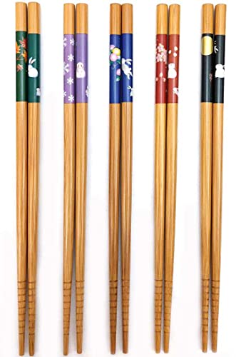 Bamboo Chopsticks Set, Japanese Reusable Wooden Chopsticks with Traditional Pattern Designs, Non Slip Tips Dishwasher Safe Asian Chopsticks for Sushi Ramen Noodles Rice Dining (2, Bunny/Natural) - color: Bunny/Natural