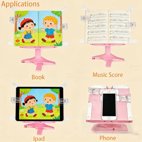 Book Stand for Desk, Kids Book Stand Adjustable Shelf Thick Base Foldable Riser Holder, Portable Desktop with Elastic Page Clips Gift for Children (Pink) - color: Pink