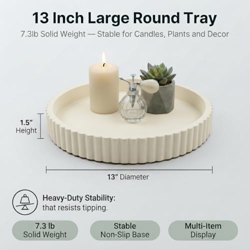 Round Solid Concrete Tray, Fluted Centerpiece for Coffee Table Decor 11" - color: Beige