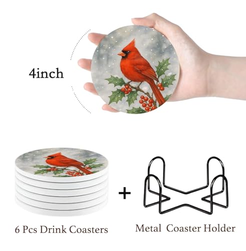 Nikyi 6 Pcs Cardinal Christmas Winter Red Bird Ceramic Absorbent Coasters, Round Drink Coaster with Metal Holder and Cork Base, for Coffee Table Kitchen Bedroom Living Office Desk Home Decor Or Gifts - color: Cardinal Christmas Winter Red Bird