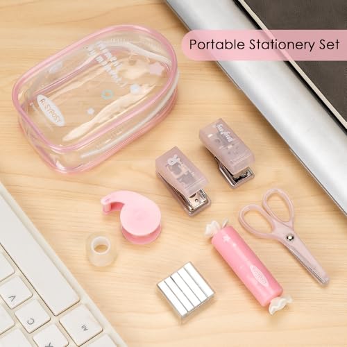 7-Pieces Clear Desk Organizer Set - with Stapler, Hole Punch, Tape Dispenser, Scissors & Highlighters, Transparent Office Supplies Kit for Home Office, School & Workspace - color: Pink