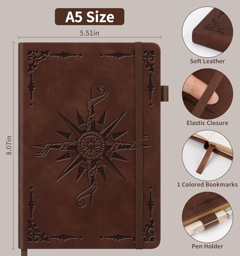 Lined Journal Notebook for Women Men, A5 Hardcover Leather Journals for Writing, 320 Pages Thick Paper, Daily Journal Notebook for Work, School, Note Taking, Business, Travel, College Ruled - color: Compass-Brown