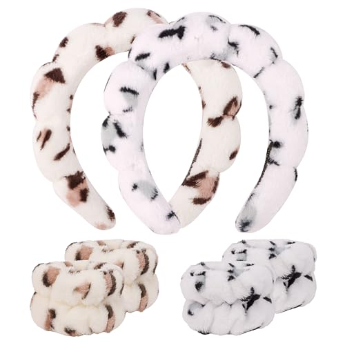 SPA Headbands for Washing Face Makeup Headbands with Bow Hair Band Women Facial Head Band Wrist Towel Wraps For Shower Face Mask Leopard, 6 Pack - color: Leopard
