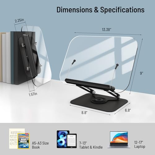 Acrylic Book Stand for Reading Hands Free - Adjustable 360° Rotating Cookbook Holder with Elastic Page Clips & Foldable Base, Multi-Angle Desktop Display Stand for Recipes, Laptops, Tablets, Bibles - color: Black