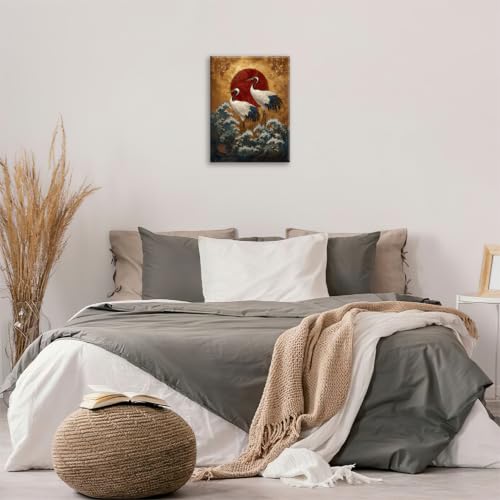 Japanese Crane Wall Art Gold Oriental Asian Wall Decor Sandhill Crane Canvas Pictures Paintings Prints Japan Traditional Aesthetic Artwork Framed Chinese Decorations For Bedroom Living Room Office Gifts 12" x 16" - color: Gold Crane, size: 16"L x 12"W