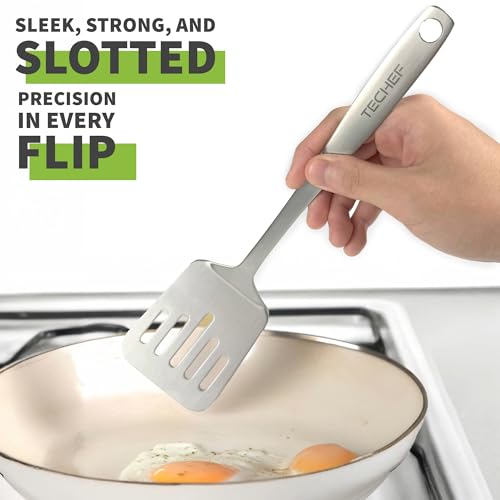 TECHEF - ChefCore 304 Stainless Steel Slotted Turner Spatula with Ergonomic Handle, One-Piece Unibody Design, Rustproof & Heat Resistant, 10.5" Serving Utensil – Made in Korea - size: Slotted Turner